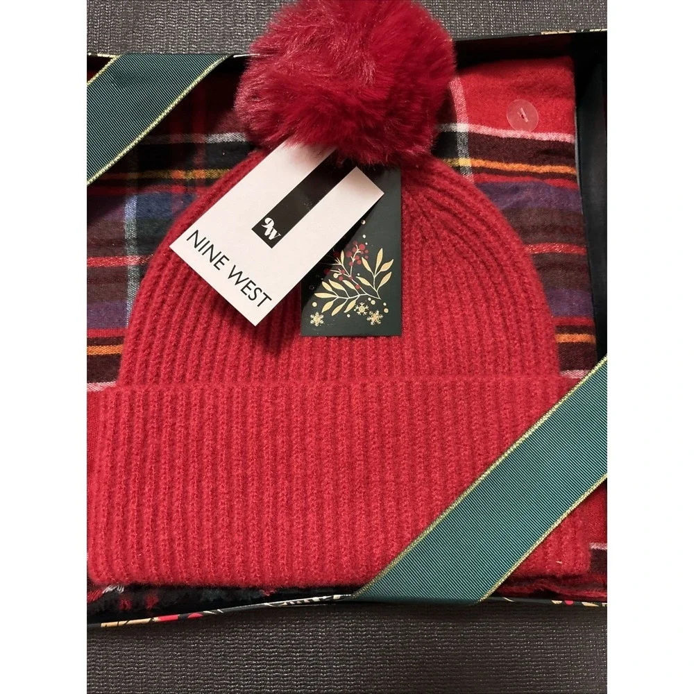 Nine West Scarf And Faux Fur Pom Beanie Set, Brand New In Box, Red Plaid Winter